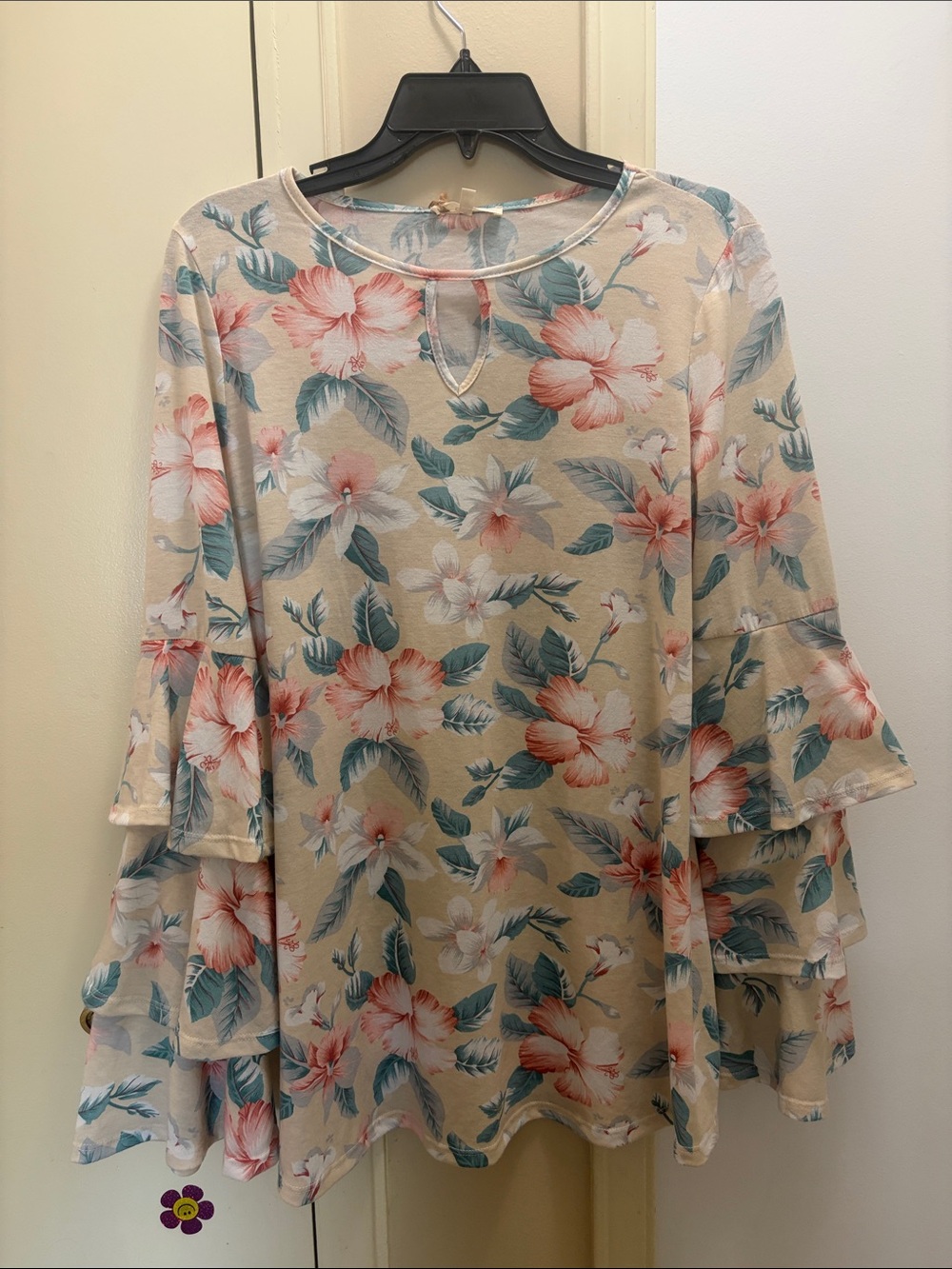 easel Beige Floral Tiered Bell Sleeve Top with Coral & Teal Flowers